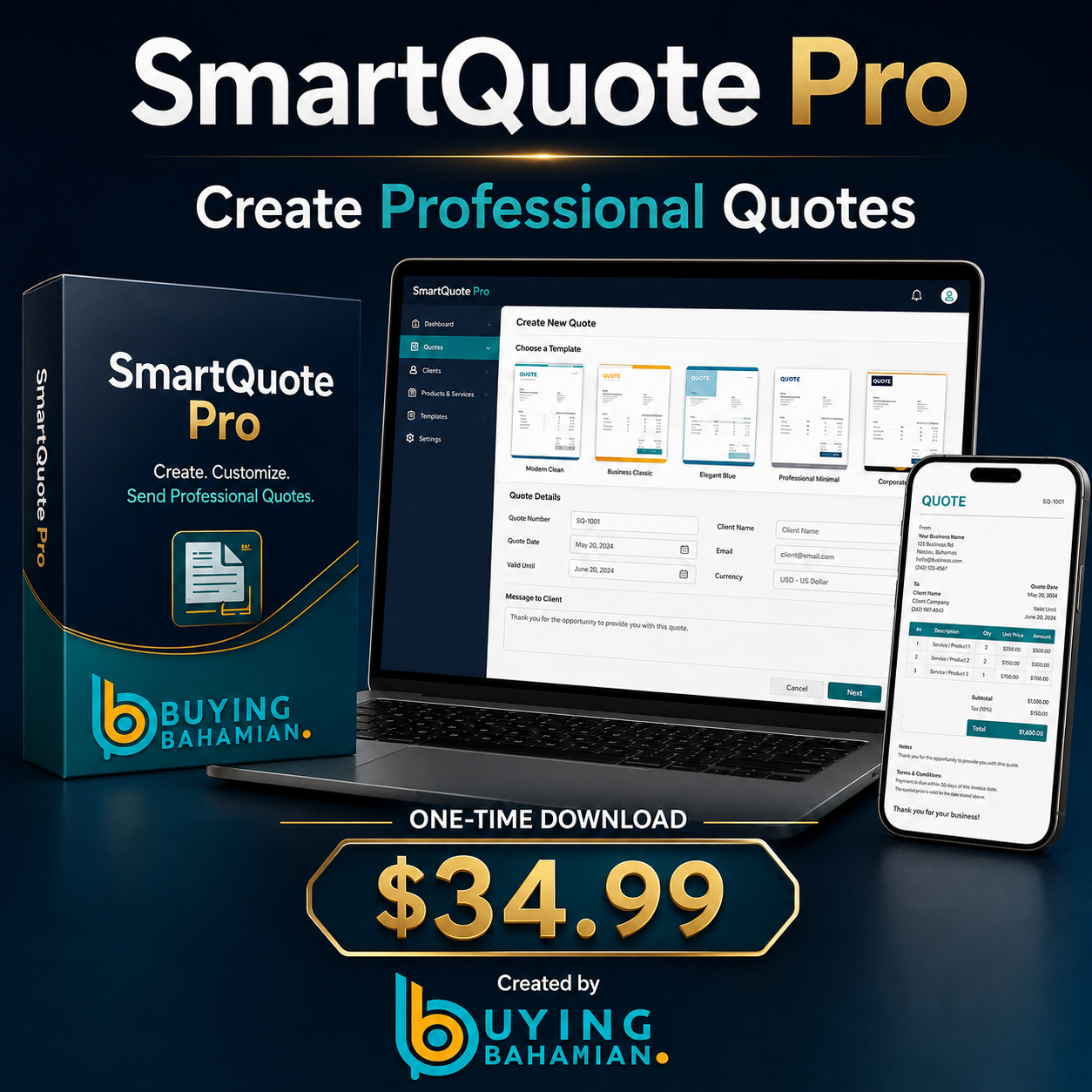 SmartQuote Pro quote builder software shown on a laptop and phone, priced at $34.99
