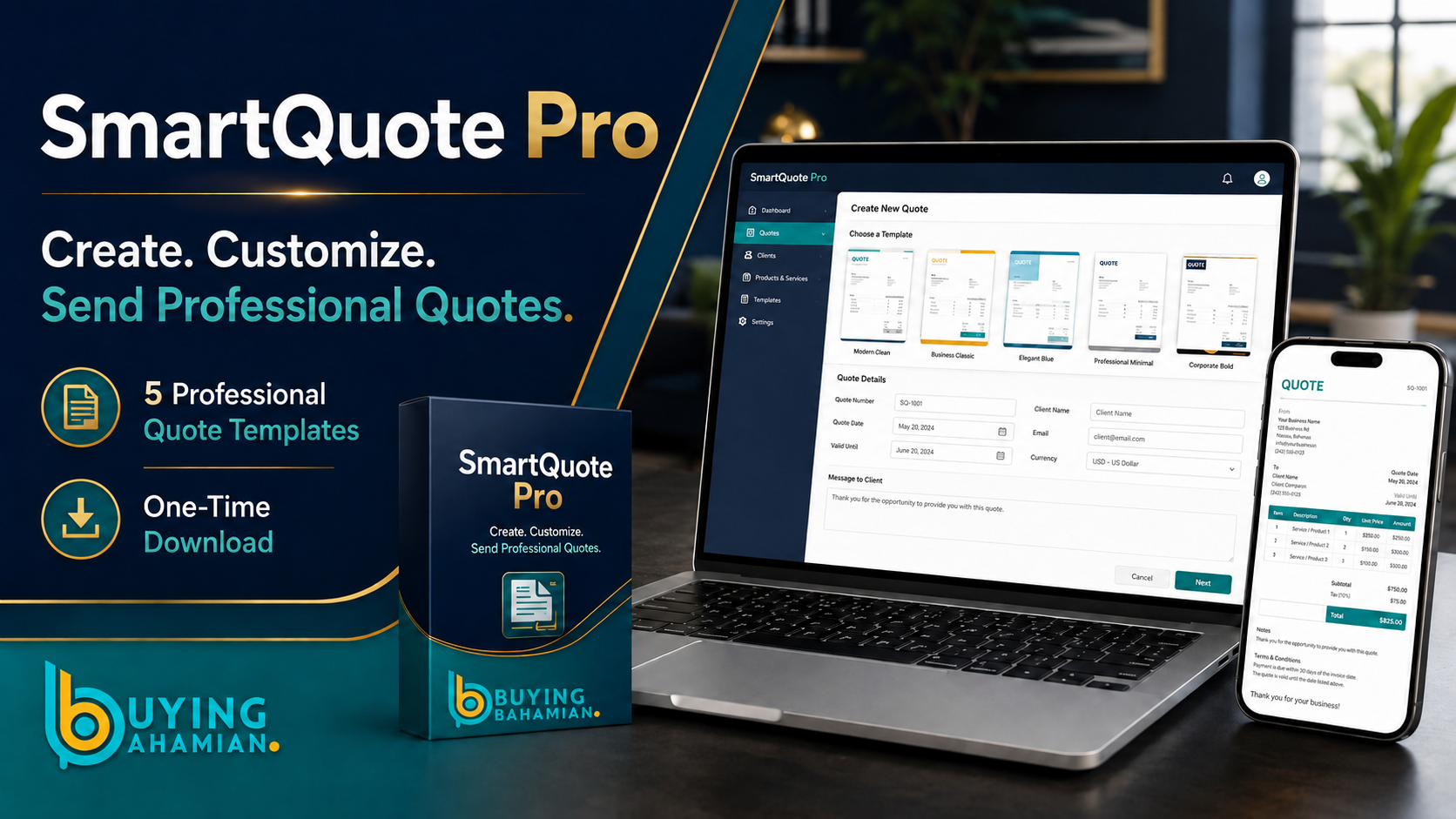 SmartQuote Pro application displayed on a laptop and phone